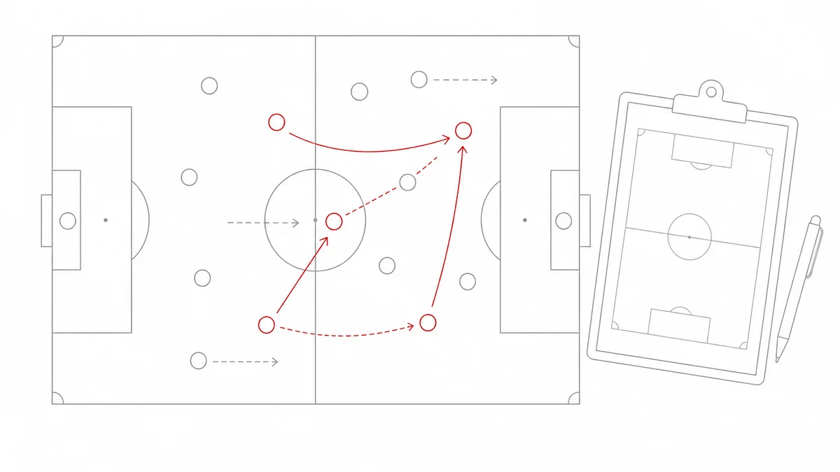 サッカーの戦術の設計図を読み解くイメージ。作戦盤とピッチ、選手の位置を示すマーカーと連携の矢印の線画。