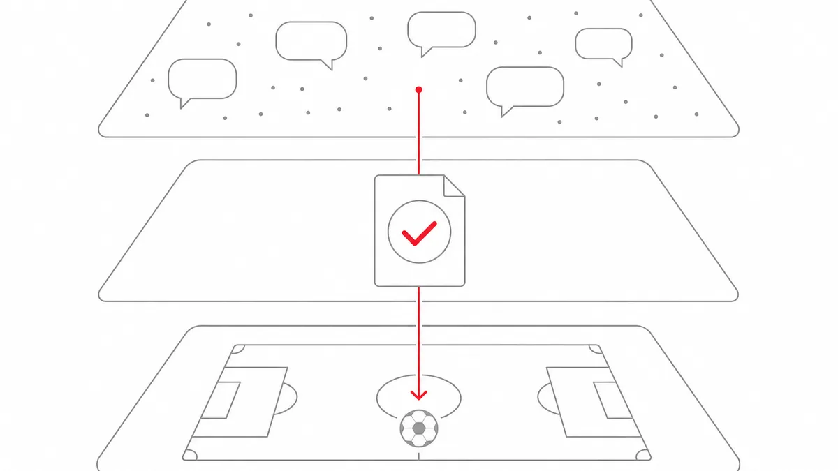 海外組の情報を三つの層で見分けるイメージ。噂・公式発表・試合を上から下へ通す三層の線画。