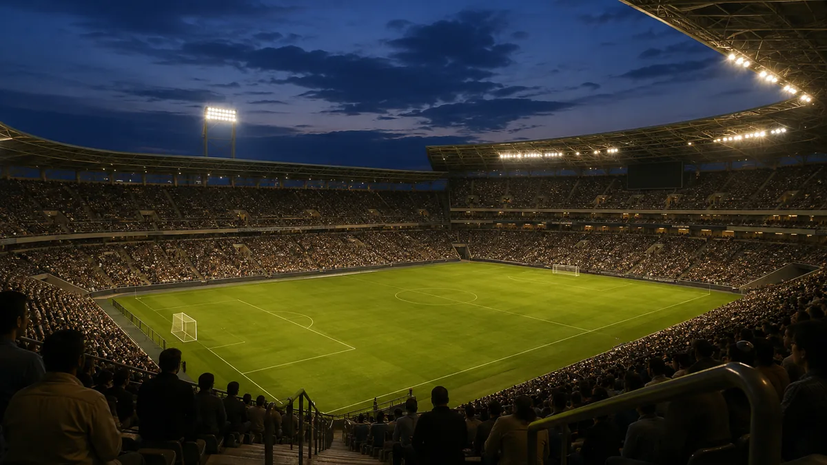 夕暮れのサッカースタジアムを上段スタンドから見下ろした情景。灯り始めた照明塔と満員の観客席、緑のピッチ