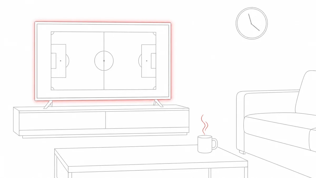 深夜に静かに試合を観る夜のイメージ。ほのかに光るテレビ、湯気の立つマグ、深夜の時計の線画。